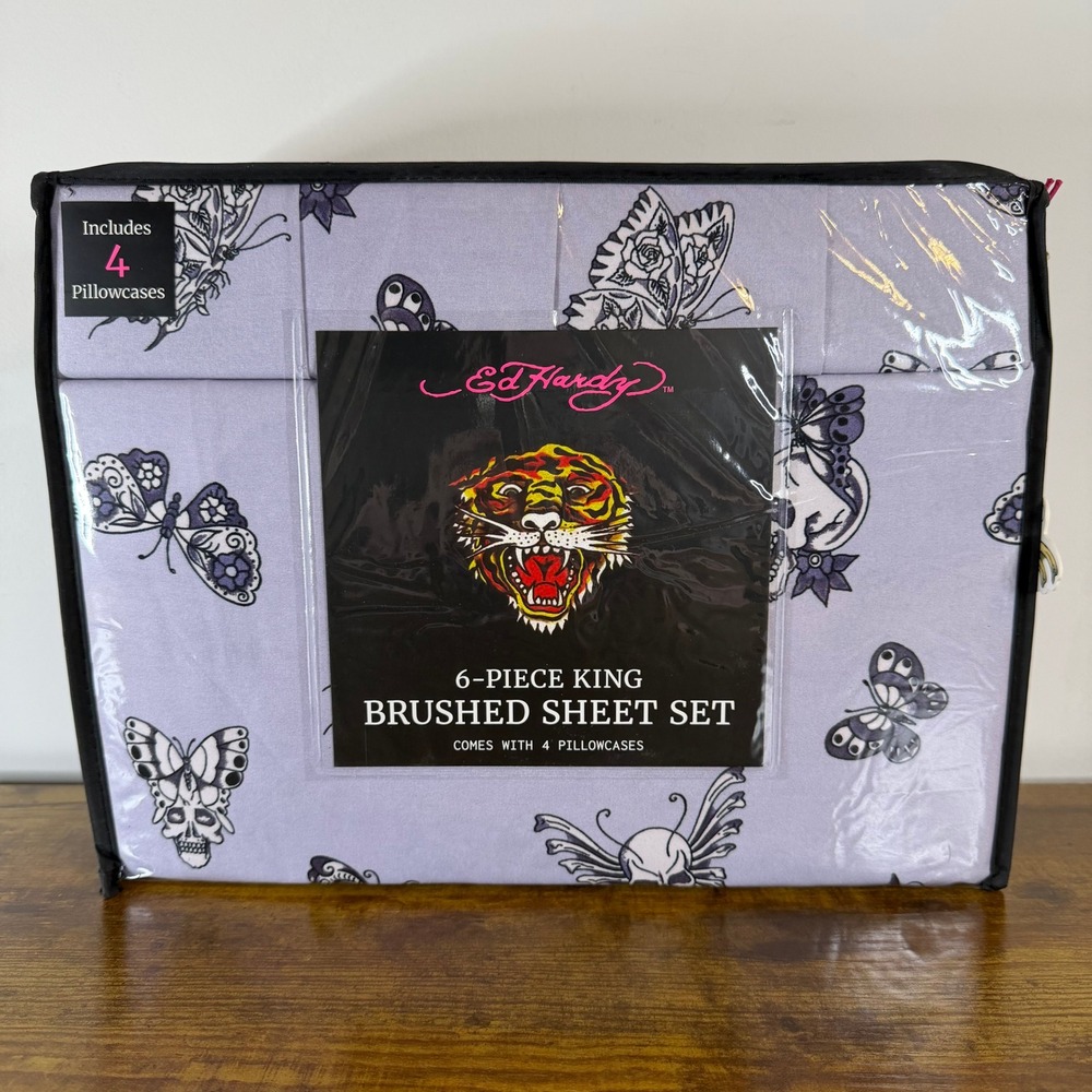 New Ed Hardy King 6 Pc Double Brushed Sheet Set Purple Butterfly Skull Bedding